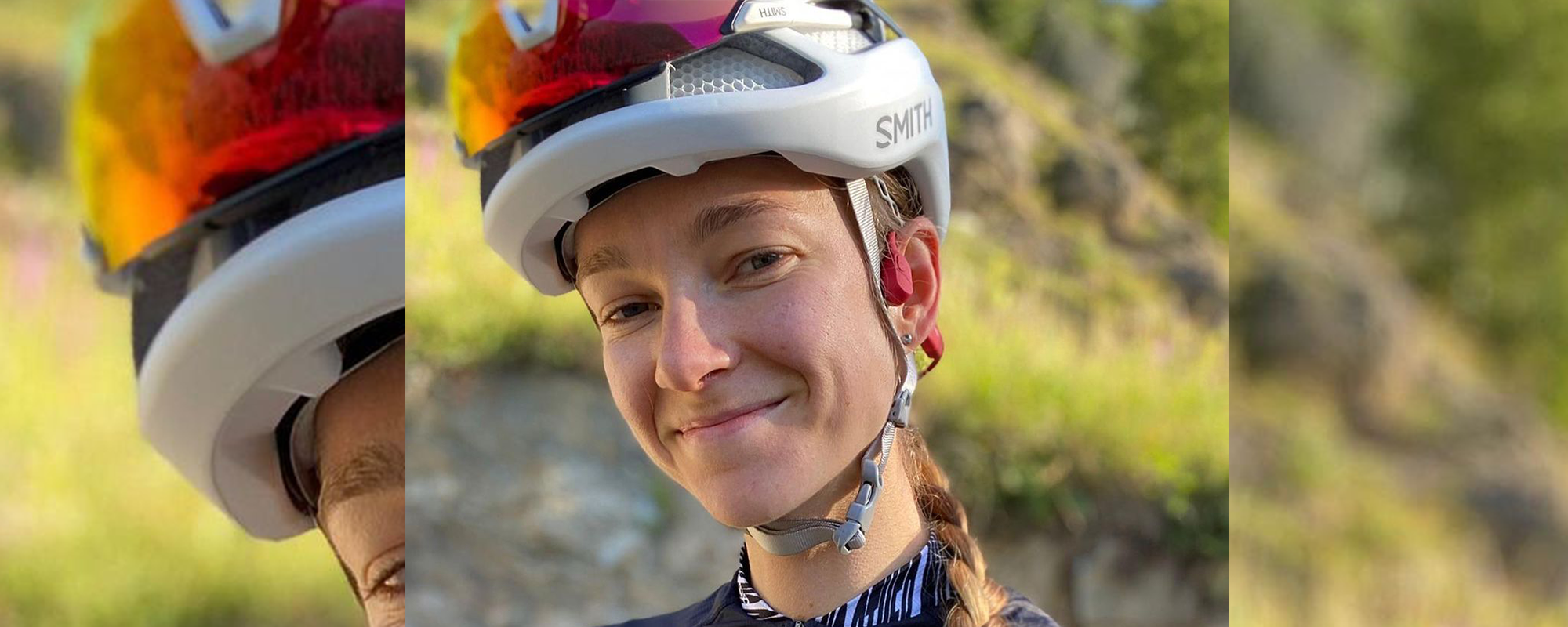 Canadian Olympic cyclist Haley Smith wearing AfterShokz Aeropex wireless headphones