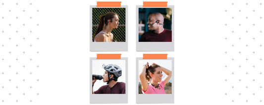 Graphic of four Shokz products. Top row from right to left: OpenMove, OpenComm UC. Bottom row from left to right: OpenRun Pro, OpenRun